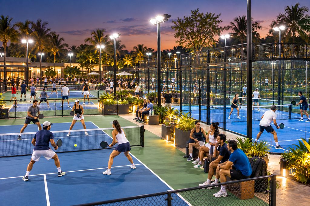 A busy club evening with pickleball and padel games under the floodlights