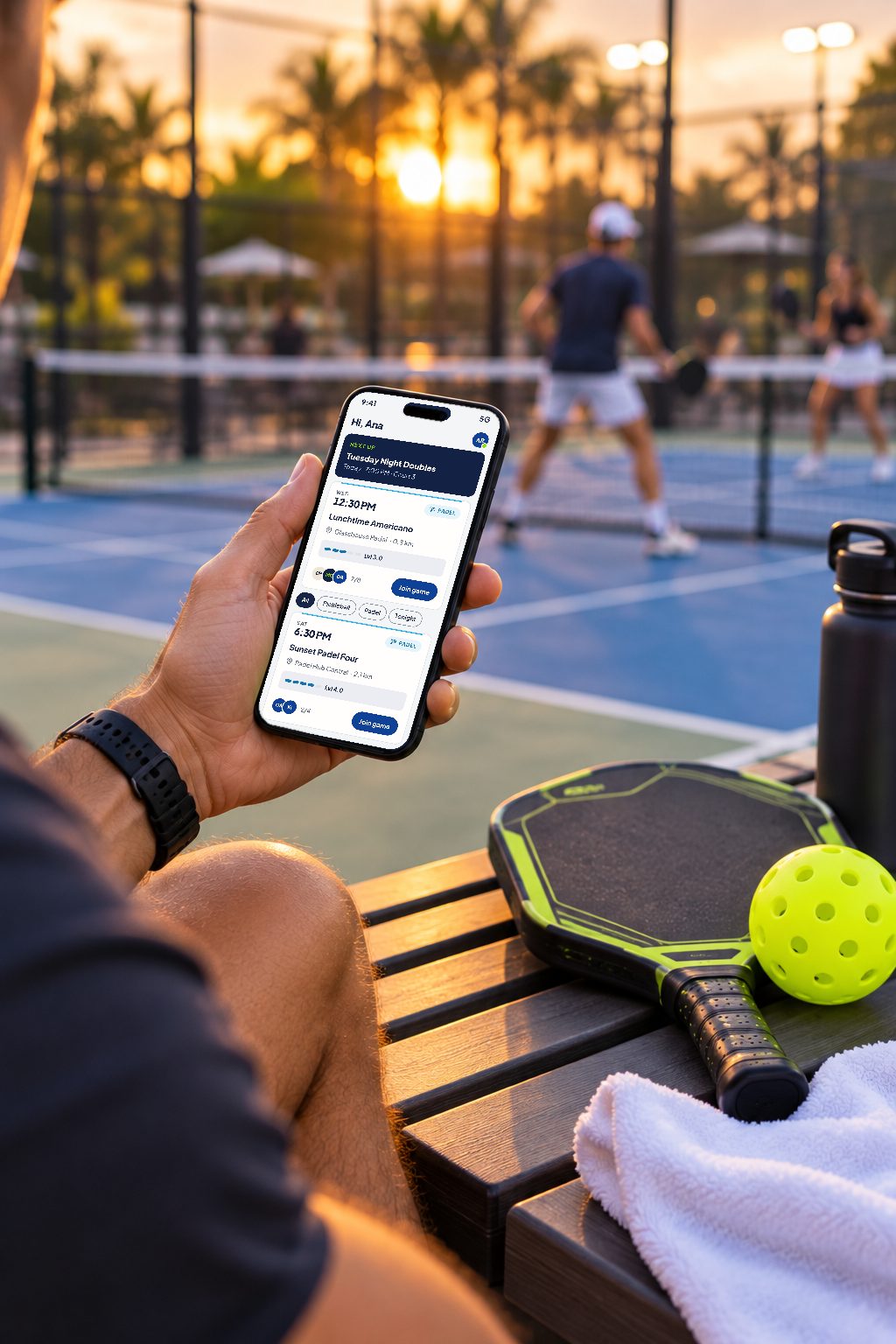 A player holds a phone showing the Piklepad app, with upcoming padel games, beside a court