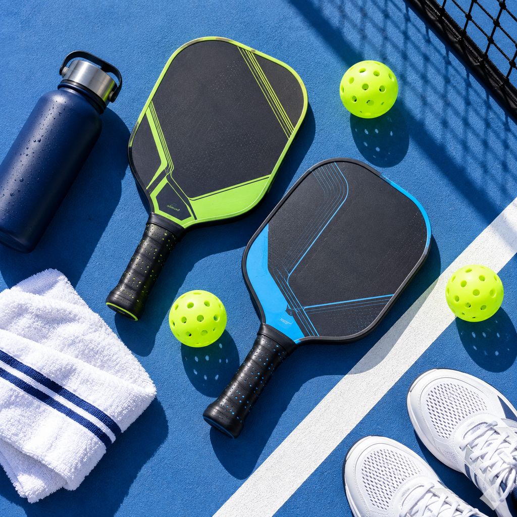 Two new pickleball paddles, balls, a towel and a water bottle laid out on a blue court