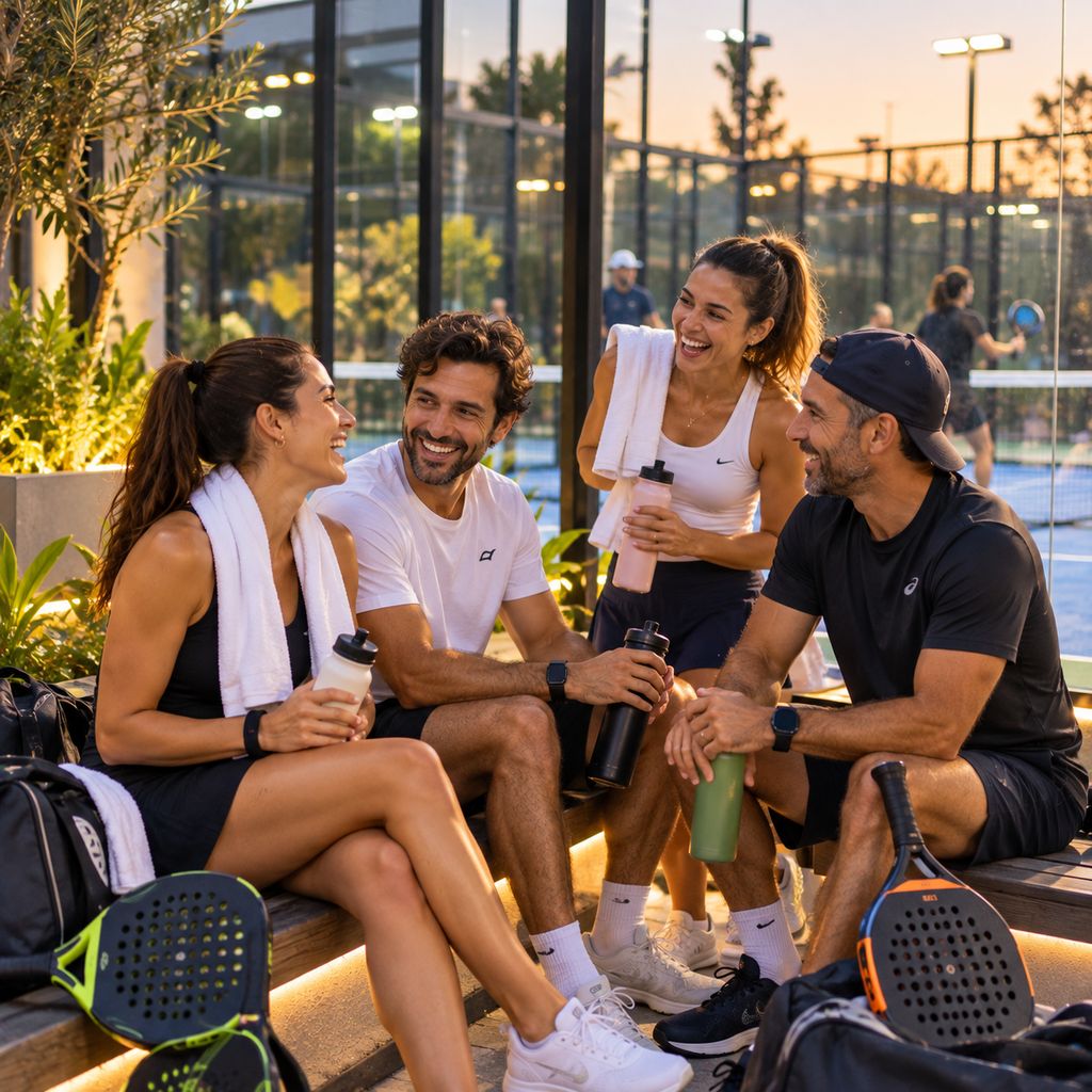 Padel friends relaxing and laughing on a courtside bench between games
