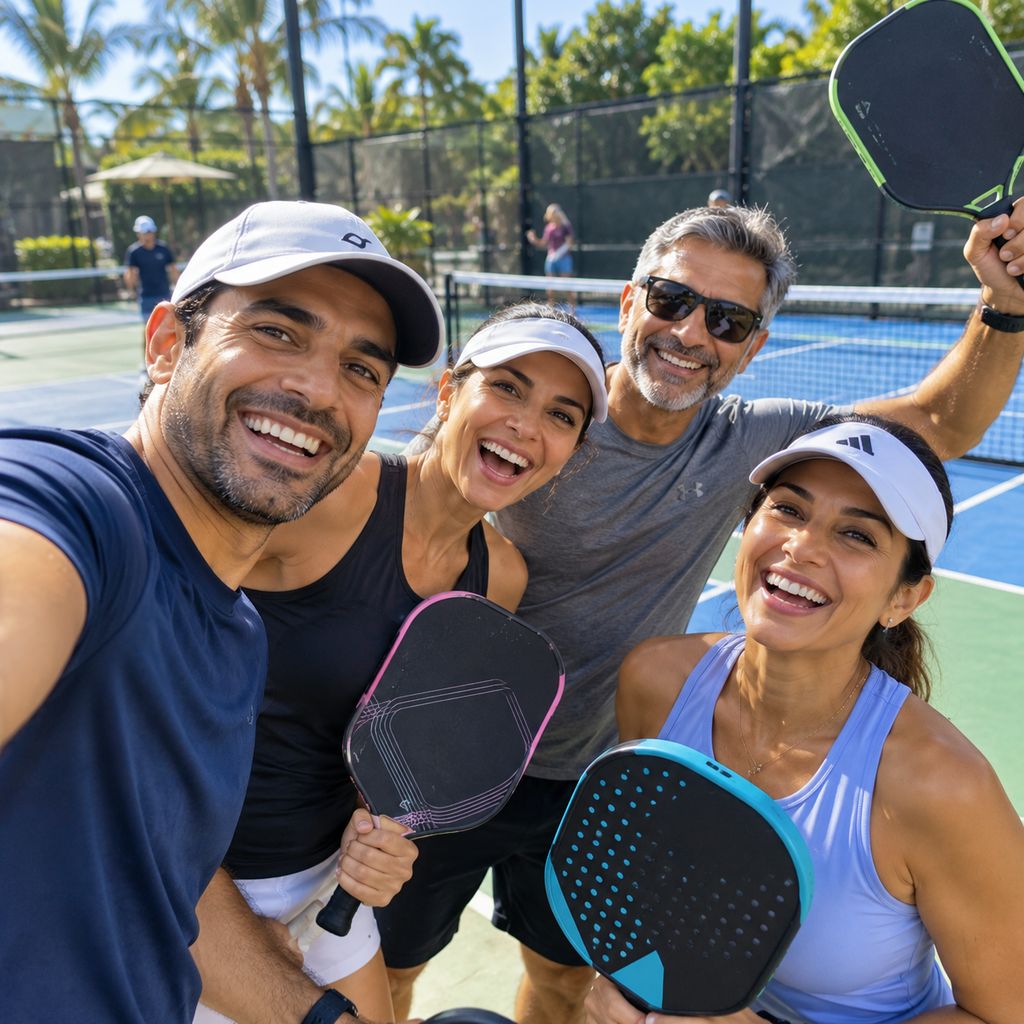 A group of smiling players taking a selfie on court with their paddles