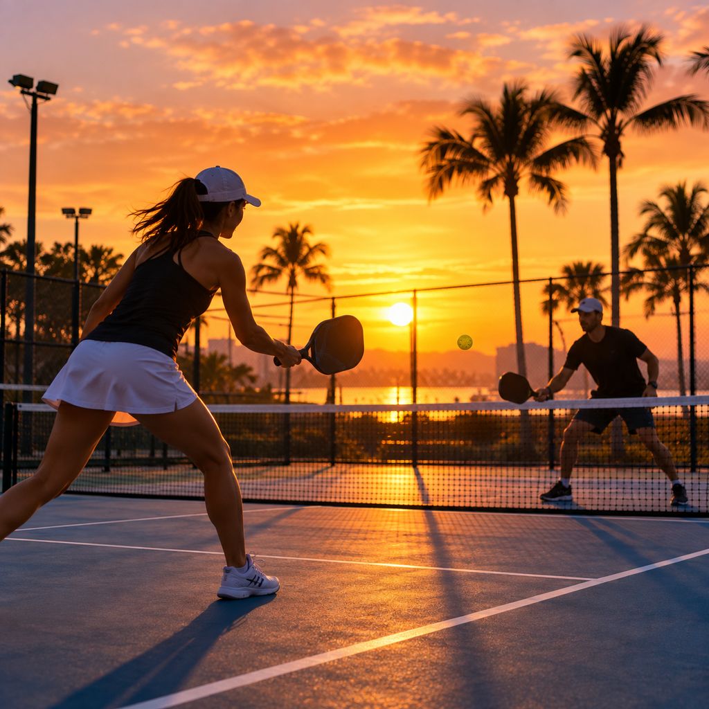 A pickleball player silhouetted against a sunset during an evening game