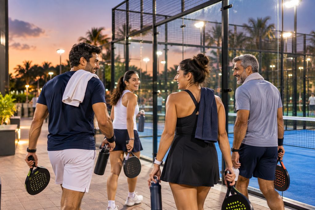 Four friends laughing as they walk off a padel court together after a game