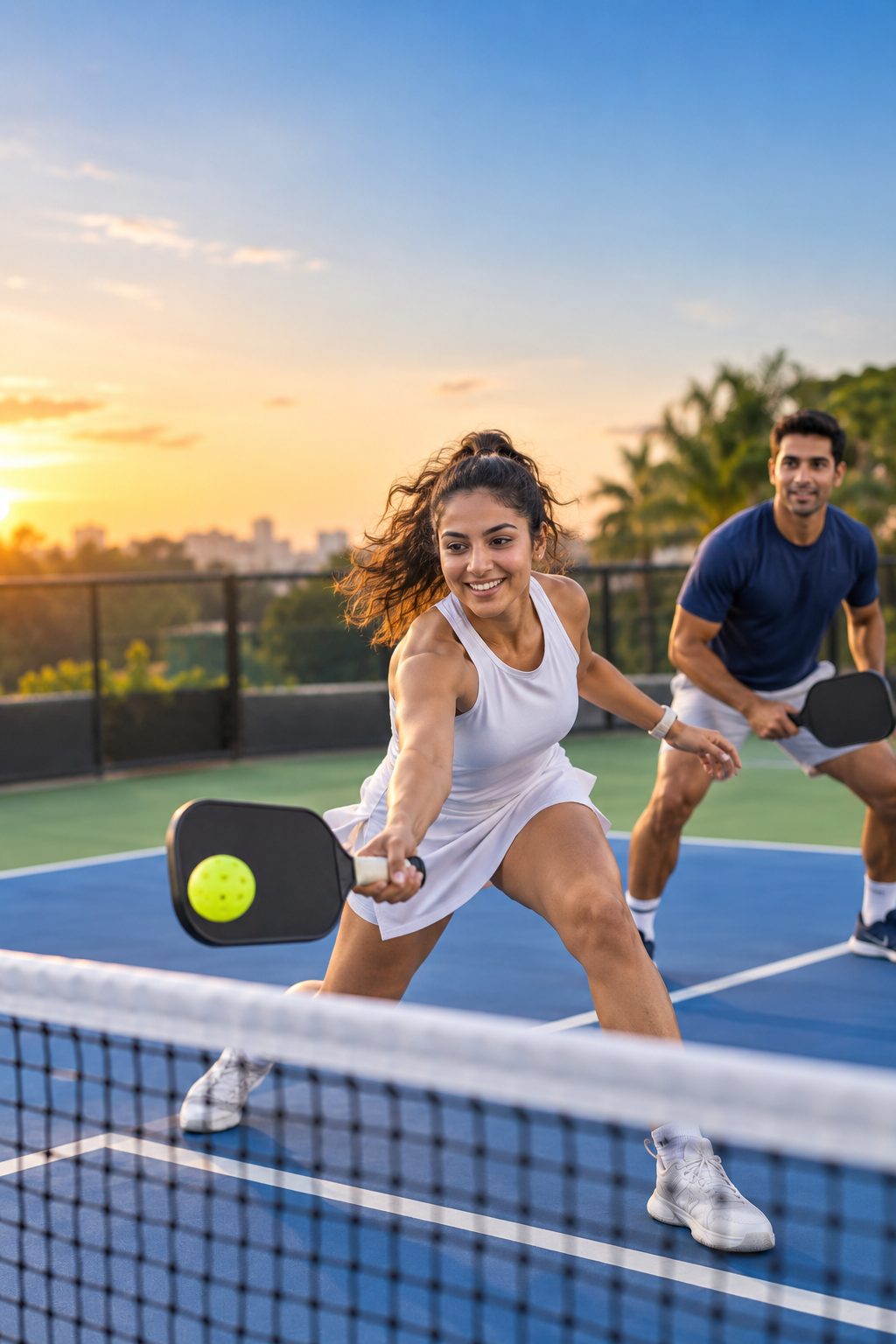 Two players in a pickleball doubles game at sunset — one stretches for a volley at the net
