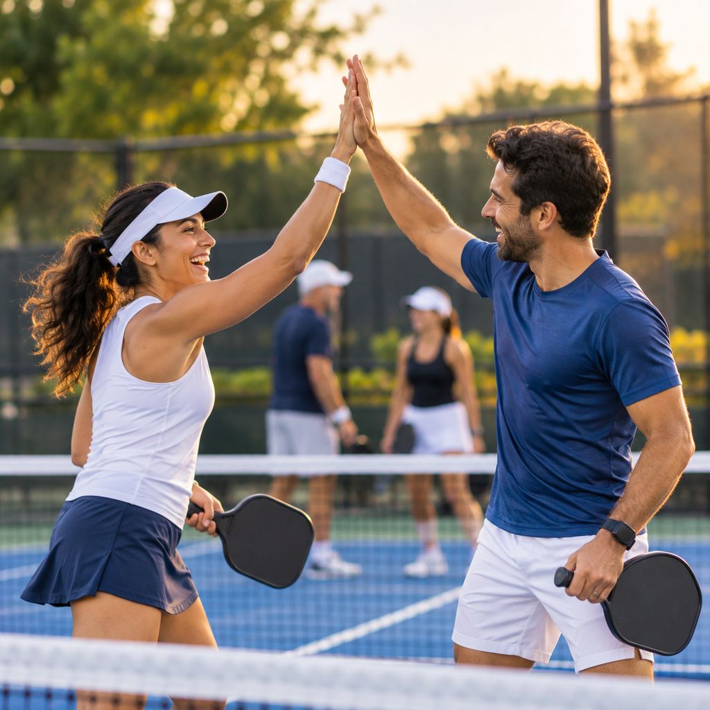 Two pickleball players high-five after a rally