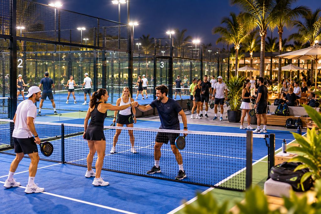 Padel players bump fists at the net during an evening game
