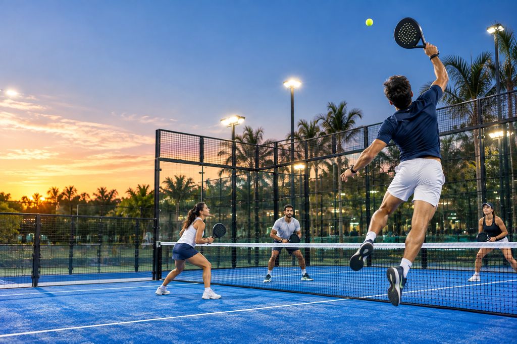 A padel player jumps for an overhead smash on a glass court at sunset