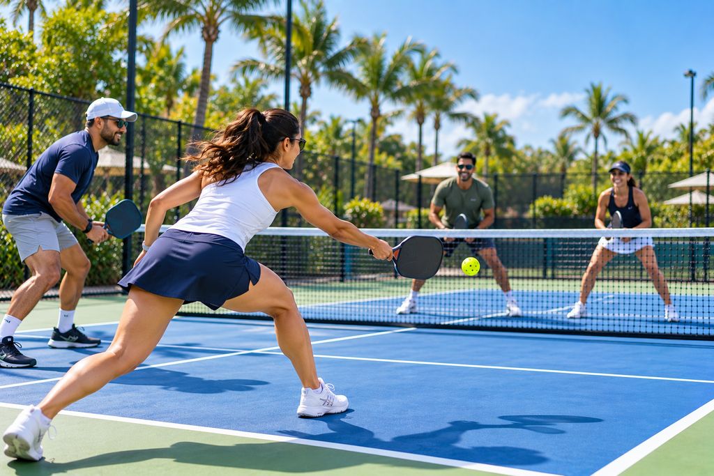 A mixed pickleball doubles game on a sunny outdoor court lined with palm trees